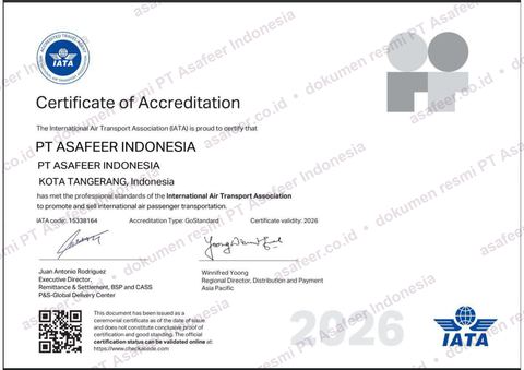 Sertifikat akreditasi IATA PT Asafeer Indonesia