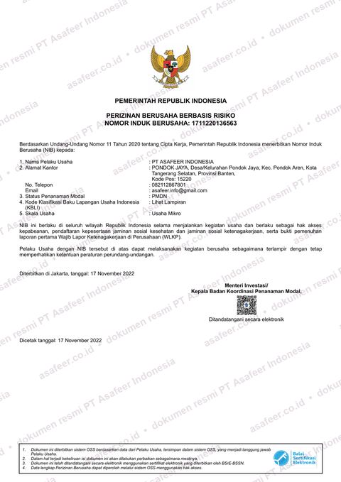 Dokumen Nomor Induk Berusaha PT Asafeer Indonesia