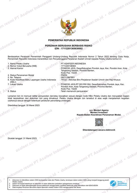 Dokumen Izin Penyelenggara Perjalanan Ibadah Umrah PT Asafeer Indonesia