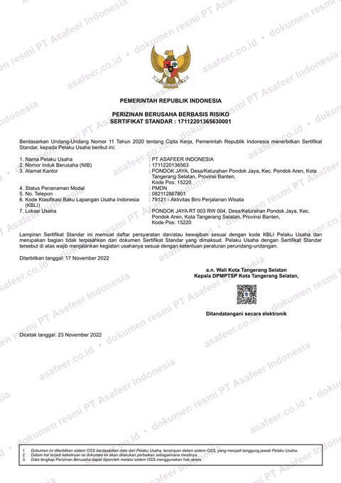 Sertifikat Standar Biro Perjalanan Wisata PT Asafeer Indonesia